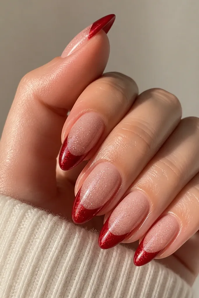 Almond nails with a sheer pink base; deep red french tips have a faint glitter glow visible only at certain angles.