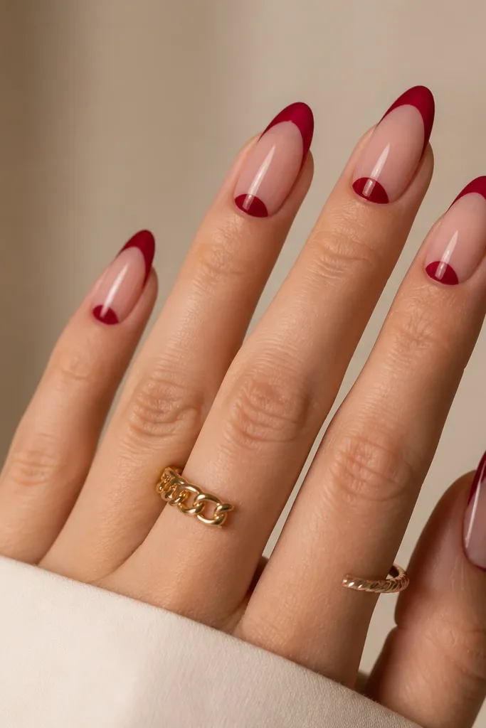 Squoval nails with a sheer nude base; deep red french tips and a thin negative-space arc right under the cuticle, leaving skin showing through.
