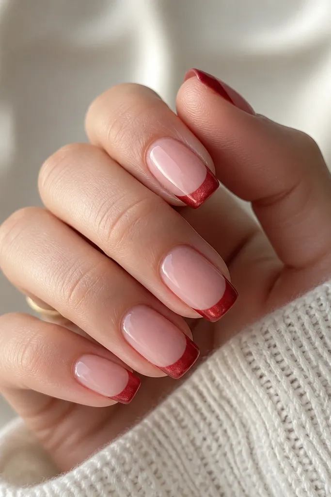 Squoval nails with a glossy nude base; deep red french tips have a subtle pearl sheen instead of full mirror shine.