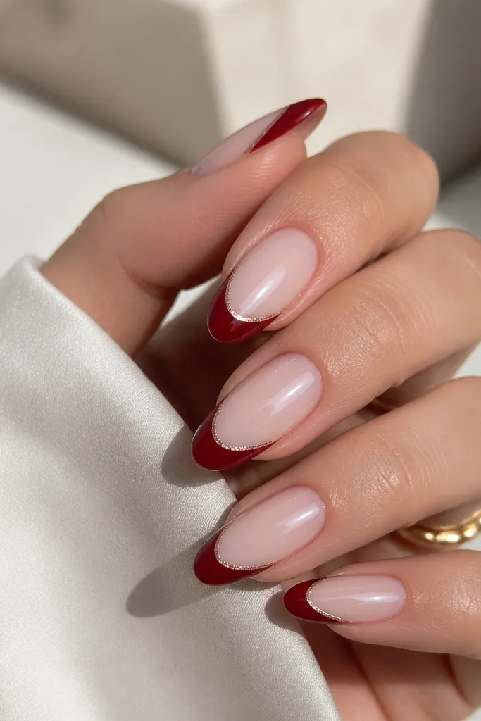Almond nails with a milky pink base; deep red french tips and a thin rose gold line that traces the smile curve.