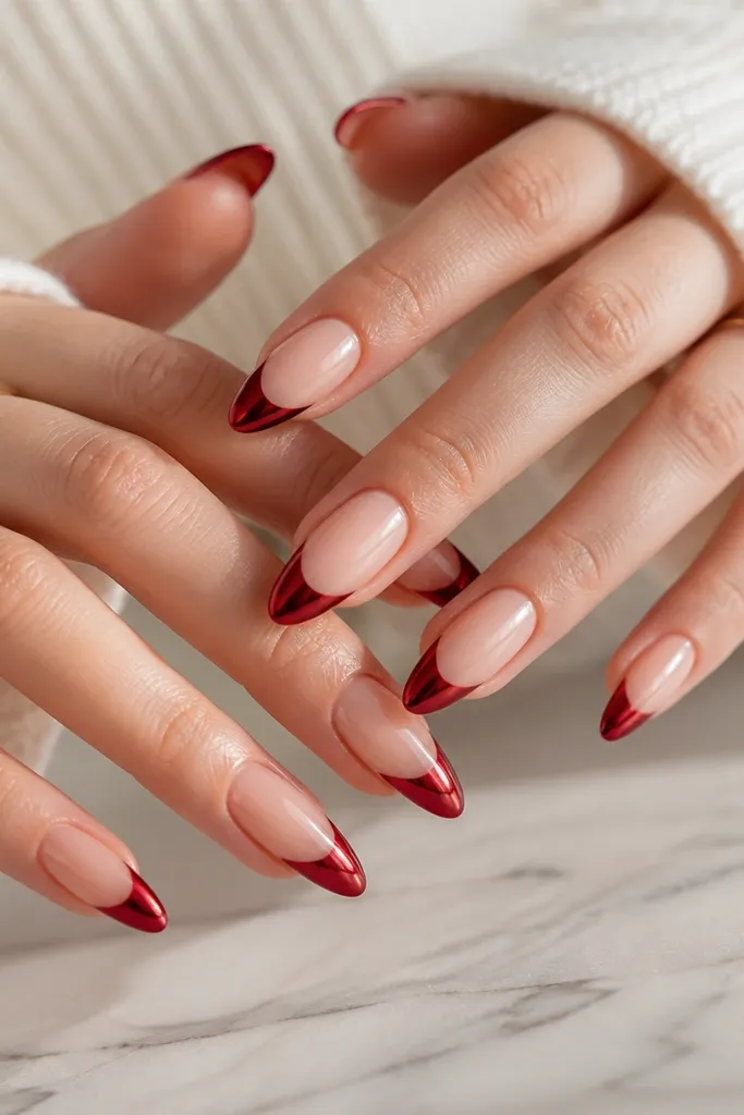 Long almond nails with a sheer nude base; deep red french tips are coated with a fine micro chrome that gives a mirror-like shine.