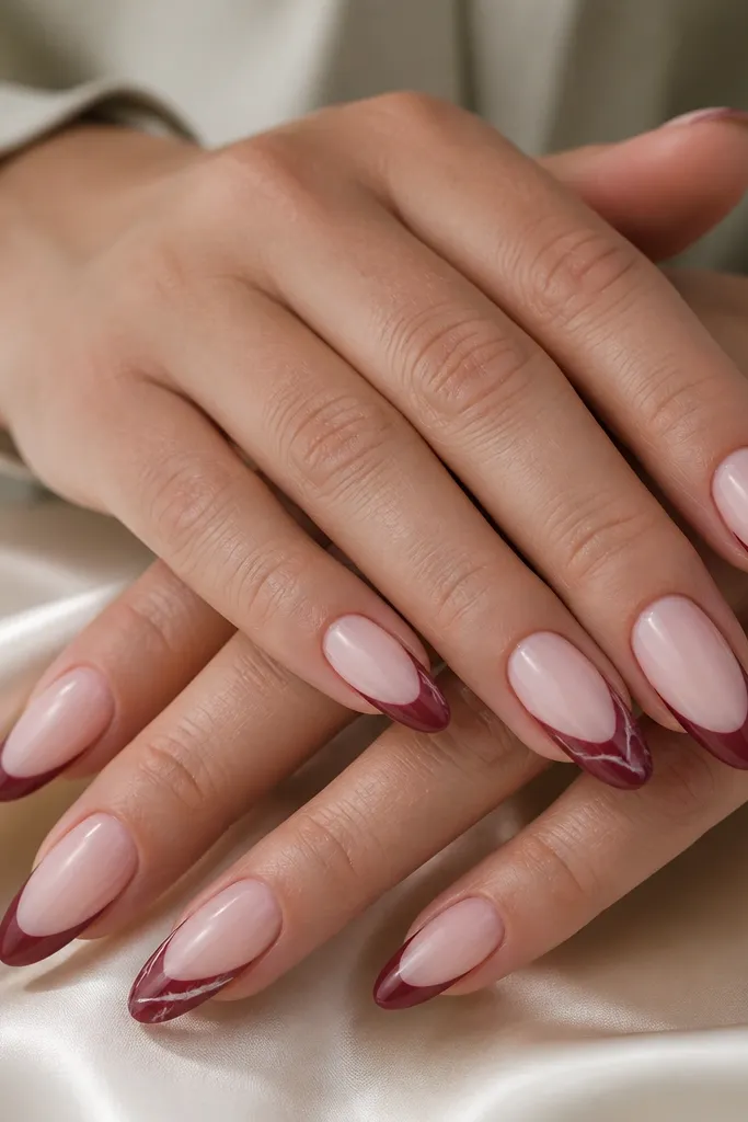 Almond nails with milky pink base; deep red french tips on all nails, and two accent nails have white marble veining inside the deep red tip area.
