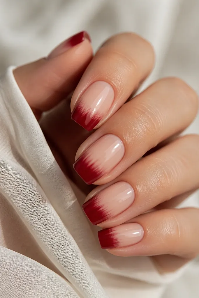 Squoval nails with a glossy nude base; deep red french tips have a soft brush-stroke fade, slightly uneven but controlled.