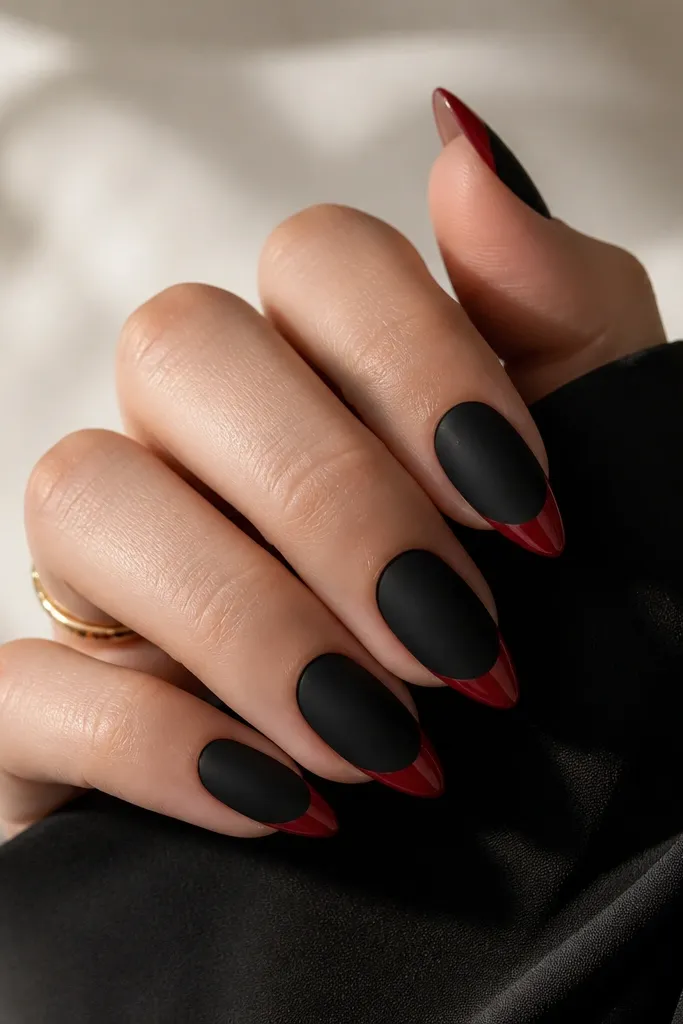 Almond nails with a black matte base; the french tips are deep red and glossy, with a clean curved smile line.