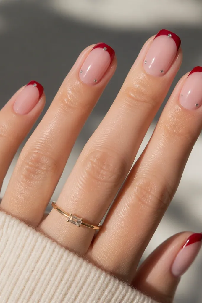 Squoval nails with a sheer pink base; deep red french tips and two tiny clear micro studs placed near the sidewalls on each tip.
