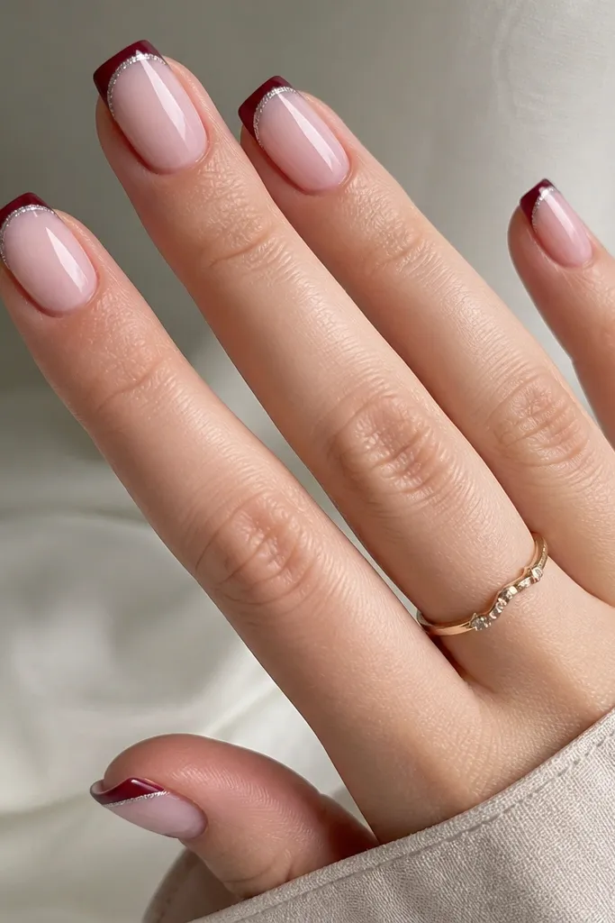 Squoval nails with milky pink base; deep red french tips bordered by a thin silver line along the outer edge of the tip.
