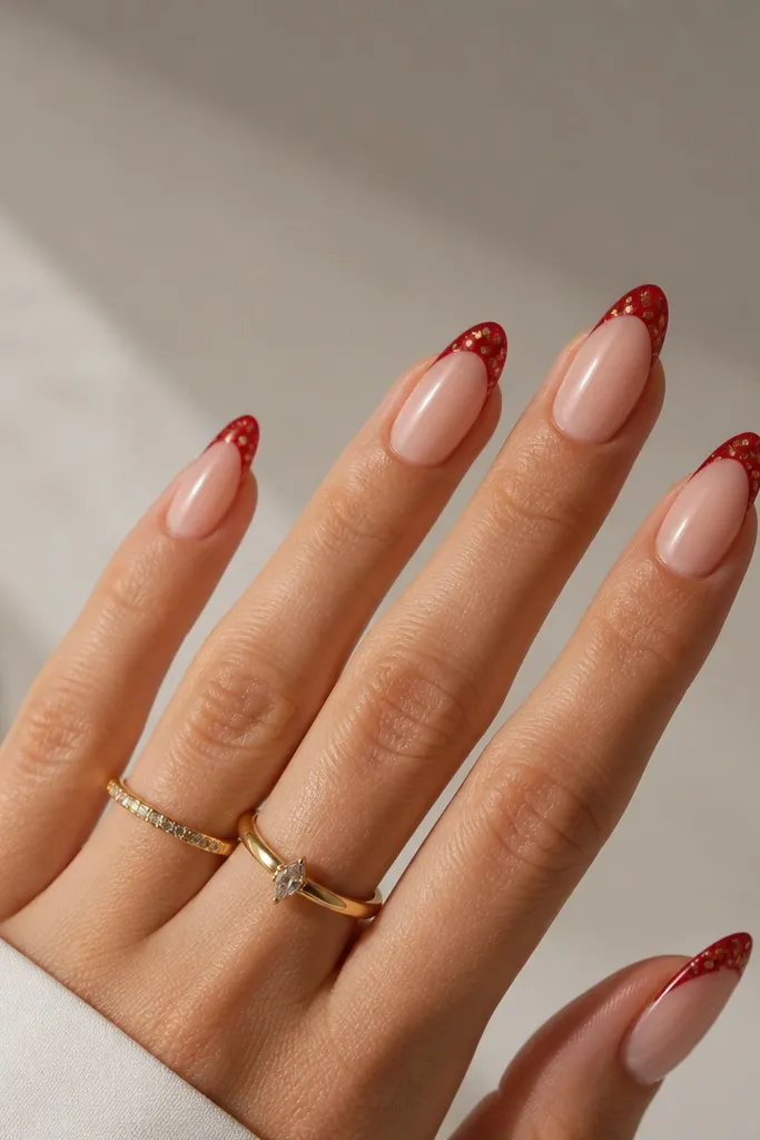 Almond nails with nude base; deep red french tips with tiny gold leaf specks scattered sparingly, mostly toward the center of the tip.