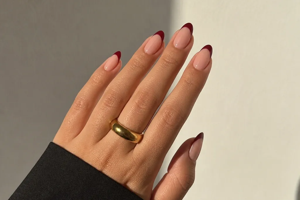 Aesthetic deep red french tip nails