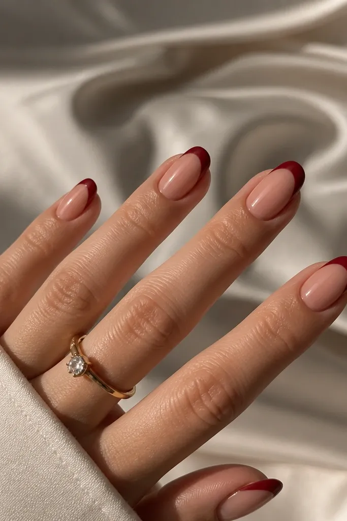 Aesthetic deep red french tip nails