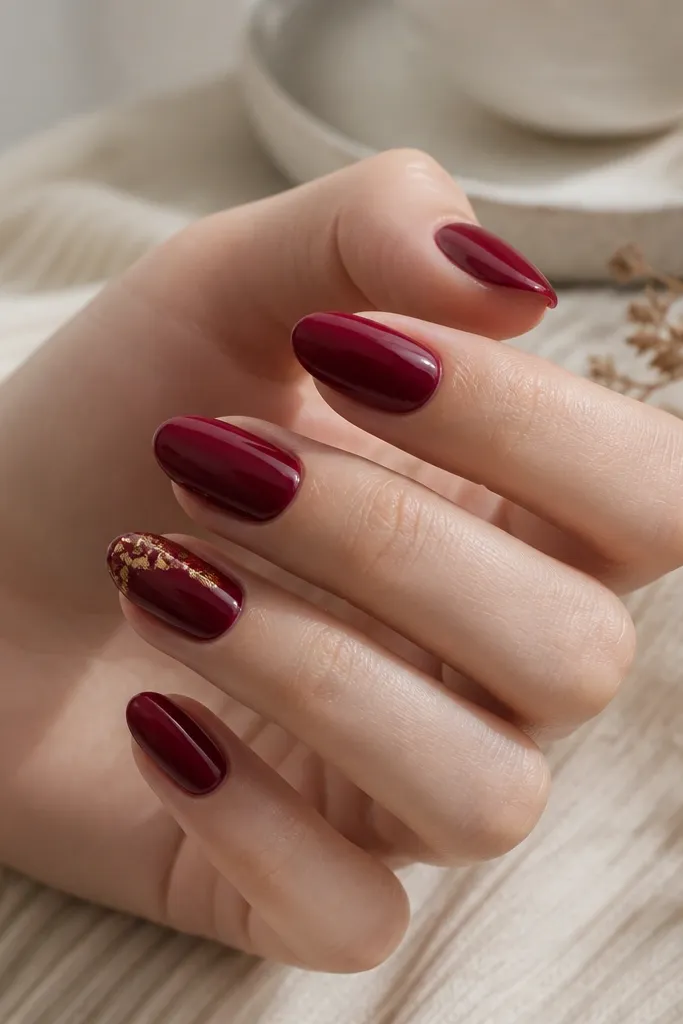 A full set of short almond nails painted deep wine red, with the ring finger featuring small irregular gold foil pieces concentrated near the cuticle; other nails are solid glossy red.
