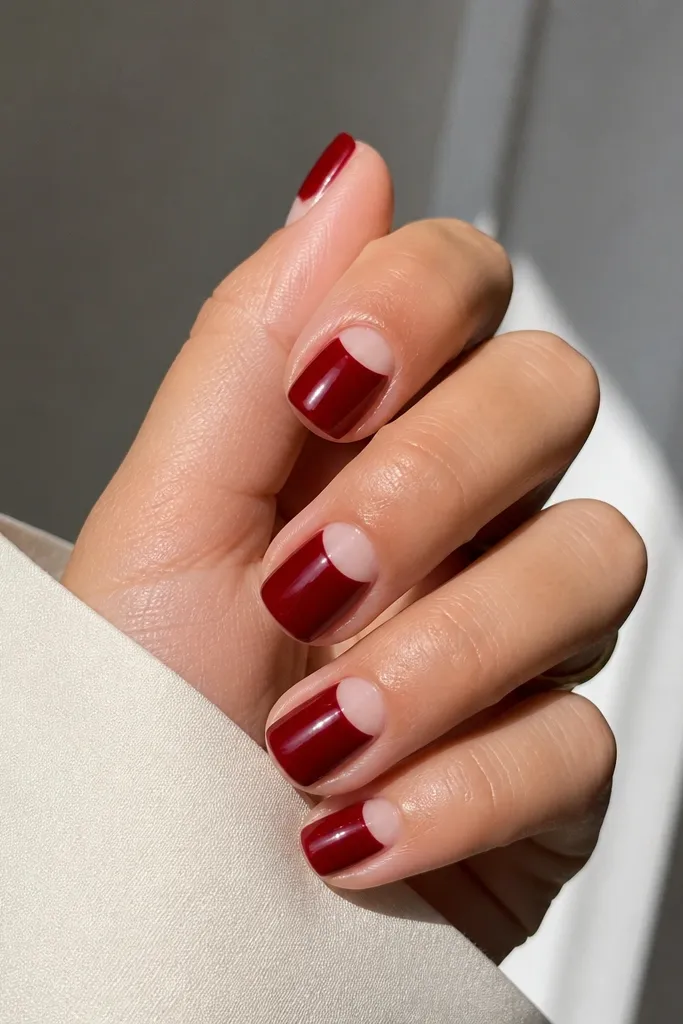Short square nails in deep red, with the cuticle area left sheer nude forming a crisp half-moon shape on each nail; tips remain solid red and glossy.