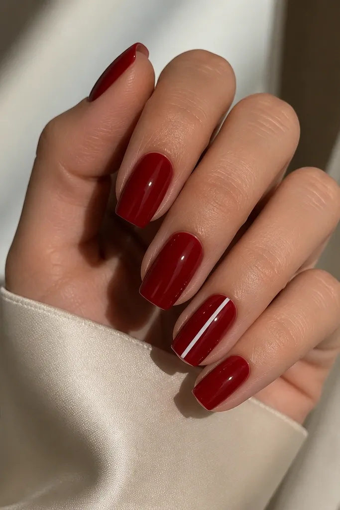 Deep red nails with glossy finish; the ring finger has a single straight vertical white line centered from near the cuticle to almost the tip, with the rest solid red.