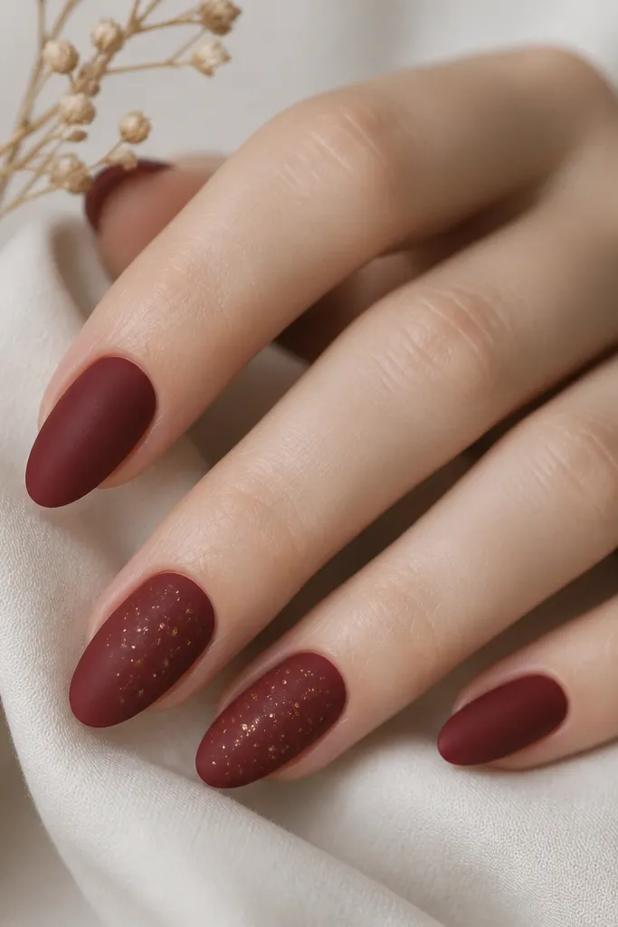 Matte deep red nails; two nails have tiny gold specks scattered near the center and slightly toward the tip, all in a soft, velvety finish.