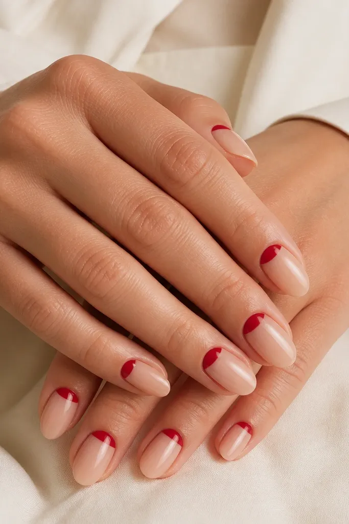 Short almond nails with nude base; the lower third near the cuticle is painted deep red forming a reverse French line, clean and symmetrical on every nail.