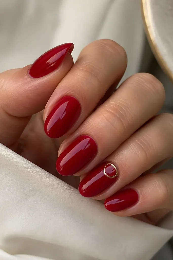All nails solid glossy deep red except one accent nail with a thin gold outline tracing a half-moon at the cuticle; the gold line is crisp and centered.
