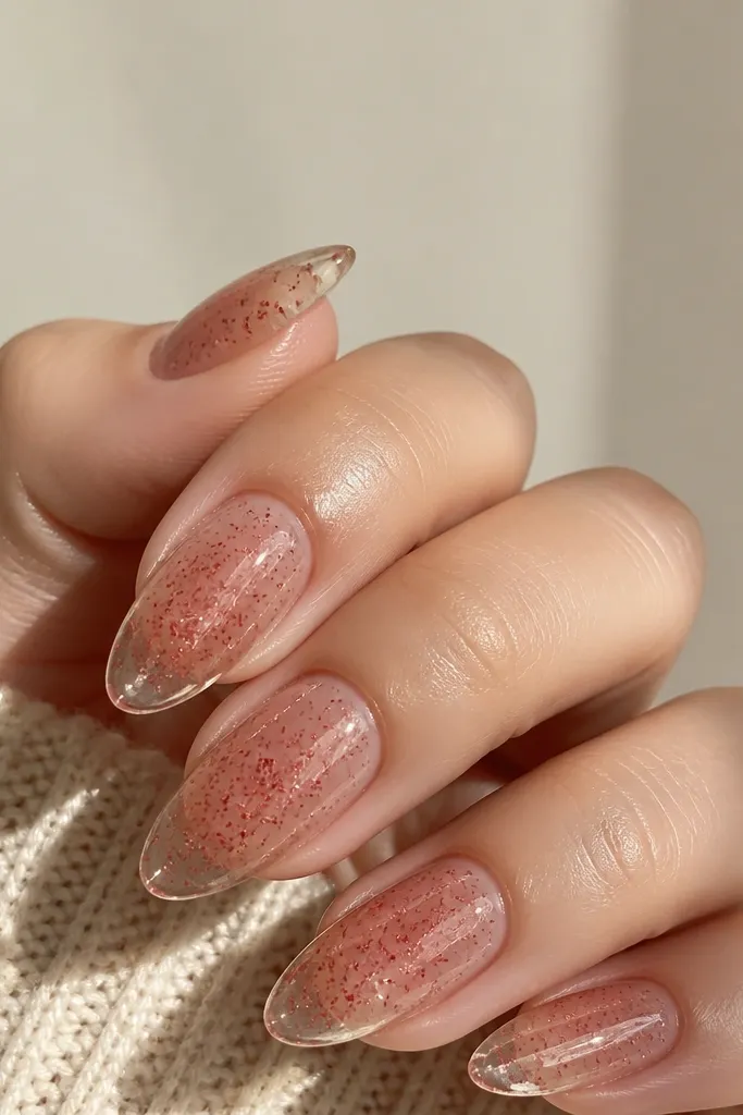Deep red nails with a glossy clear jelly look; fine red micro glitter is suspended across the middle and toward the tips, creating a soft shimmer.