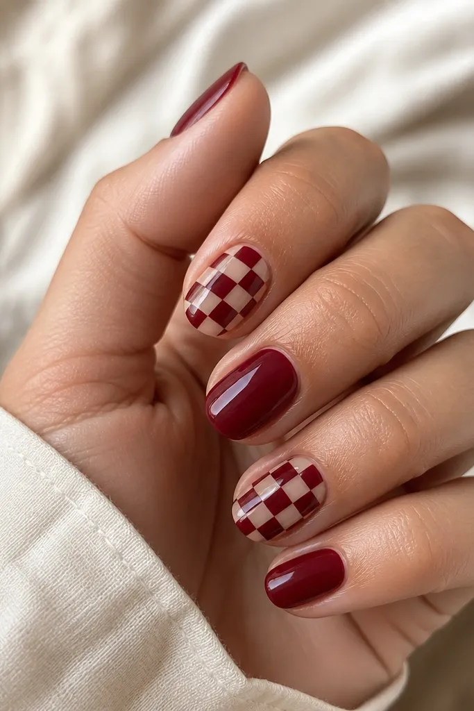 Deep red nails with two accent nails showing a small checkerboard pattern in deep red and glossy nude squares; pattern sits in the center with clean edges.