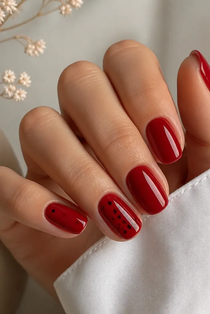 Solid glossy deep red nails with a few tiny black dots scattered near the center and slightly toward the tip on one or two accent nails.