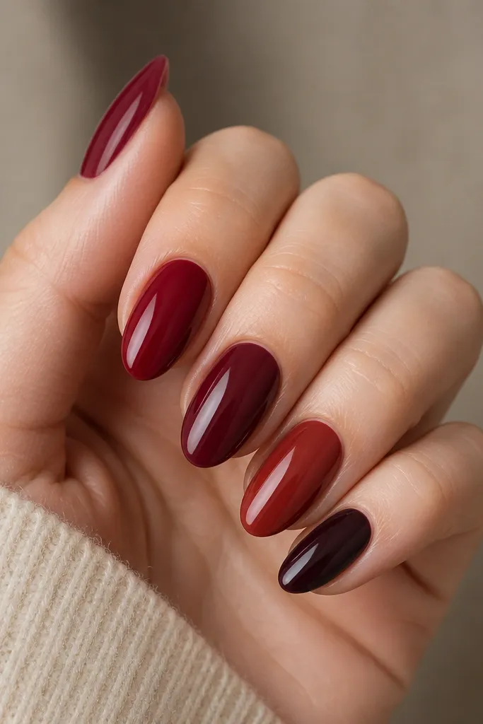 Five nails in one hand with different deep red-family shades: wine, burgundy, maroon, brick red, and a darker almost-plum, all glossy and solid.