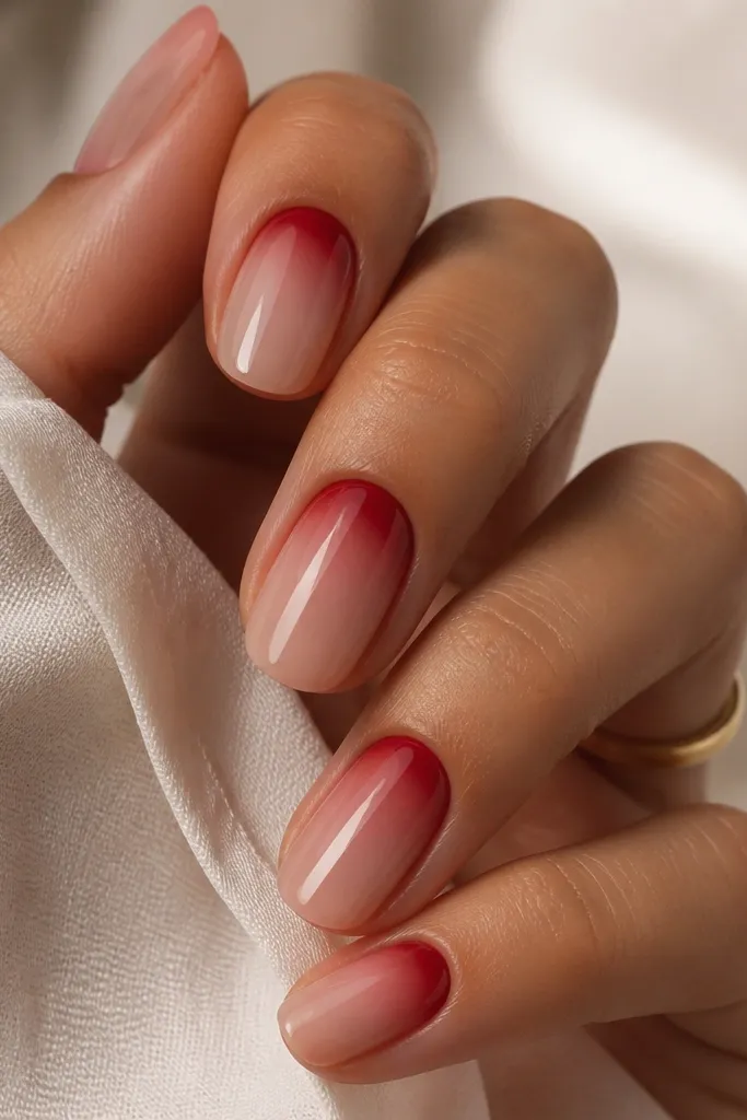 Nude base nails with a deep red band at the cuticle that fades into the nude toward the middle; glossy finish.