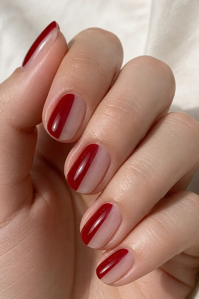 Nails split vertically: left side deep red glossy, right side clear sheer jelly; a crisp straight boundary runs down the center.