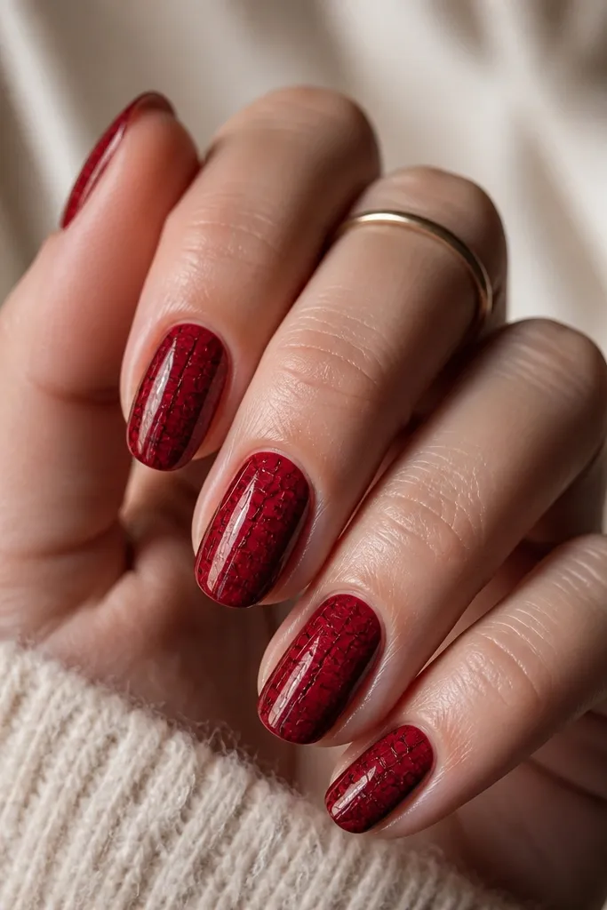 Deep red nails with a crackle effect: thin broken lines spread over the surface, showing slightly darker wine underneath; glossy top coat.