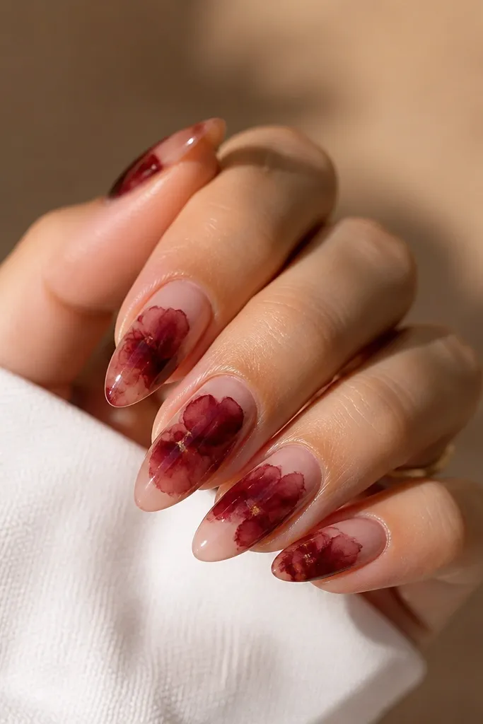 Glossy deep red nails with a watercolor-style rose tint bloom on two nails, soft edges and cloudy lighter red/pink spreading from the center.