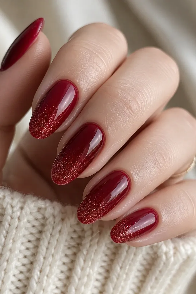 Nails with deep red base and a smooth glitter fade on the tips fading into plain red at mid-nail; glossy finish.