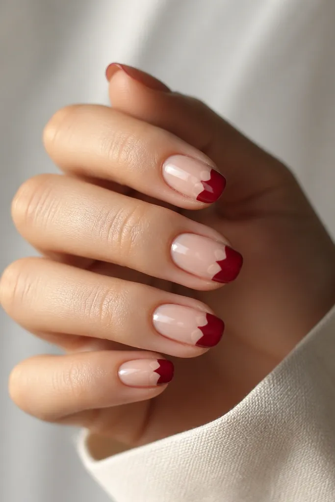 Nails with nude base; deep red French tip shaped like a soft rounded bloom, with tiny nude petal-like arcs at the inner edge of the tip; glossy finish.