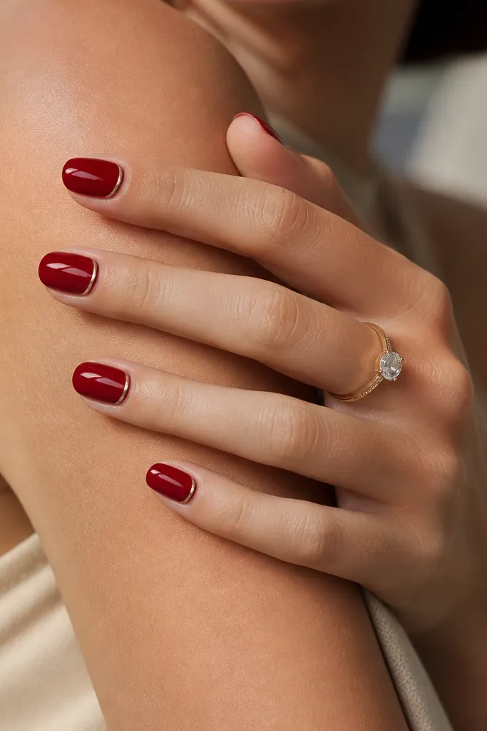 Glossy deep red nails with a thin silver line running along the cuticle curve on each nail; the line looks like a bracelet detail.