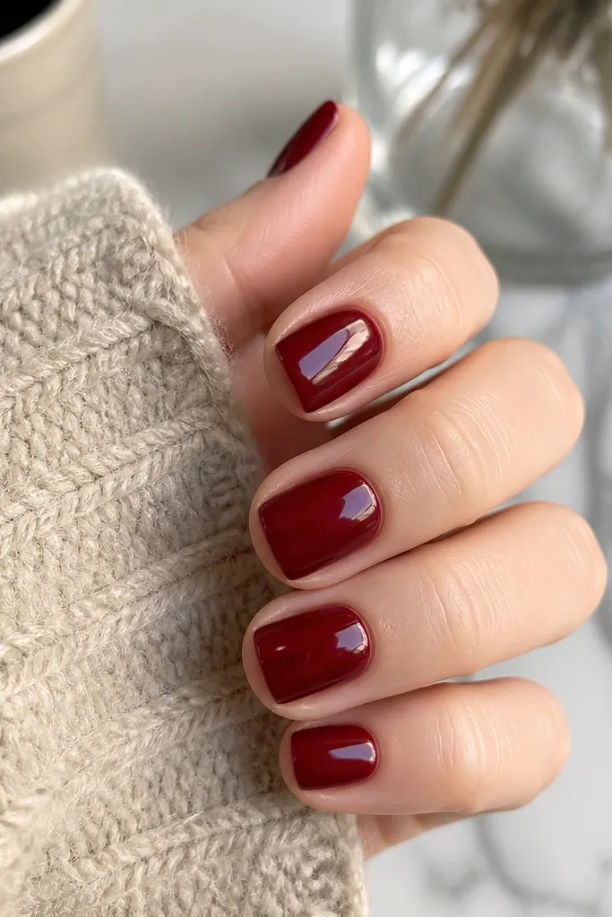 Short square nails painted a deep cherry red with a mirror-like glossy top coat; the edges are sharp, and the cuticles look neatly cleaned.