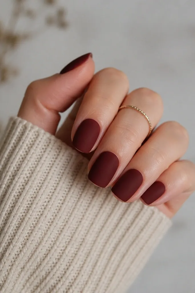 Squoval nails painted a wine-deep red with a soft velvet matte finish; there's no shine, and the surface looks evenly velvety.