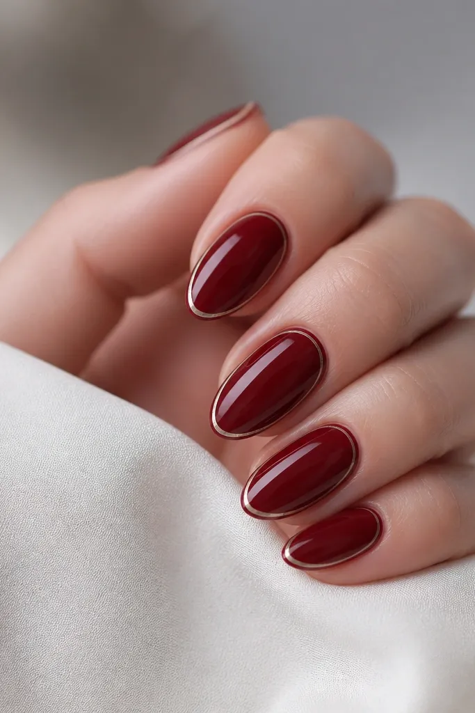 Short almond nails with a deep red base; a thin French line at the tip and two ultra-fine side lines run parallel to the nail edges.