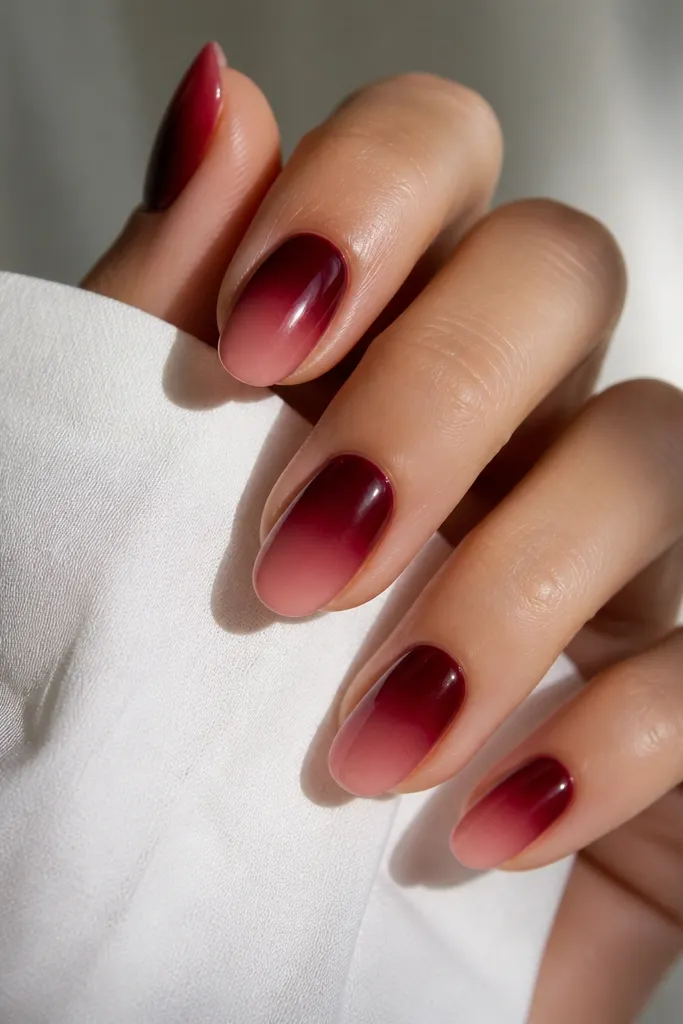 Nails with deep cherry red at the cuticle that fades lighter toward the tip; the gradient looks smooth with no harsh lines and a glossy finish.