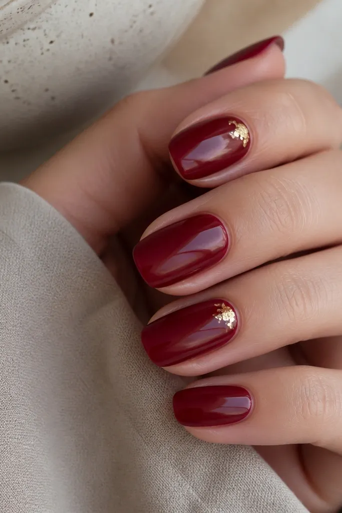 Deep red glossy nails with tiny pieces of gold leaf placed at the outer corner near the cuticle on one or two accent nails.