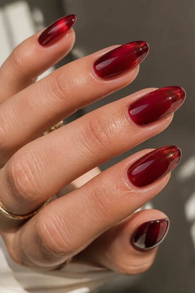 Medium nails that look like a red jelly set; the base is deep red and the tip has a clearer jelly layer that makes the nail look glassy.