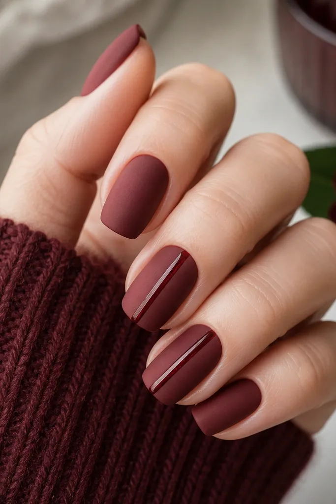 Matte wine-red nails with a single thin stripe of glossy deep red running vertically down the center on two accent nails.