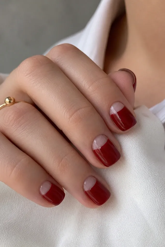 Short square nails where the bottom half of the nail is deep red and the cuticle area is clear negative space shaped like a half-moon; glossy finish.