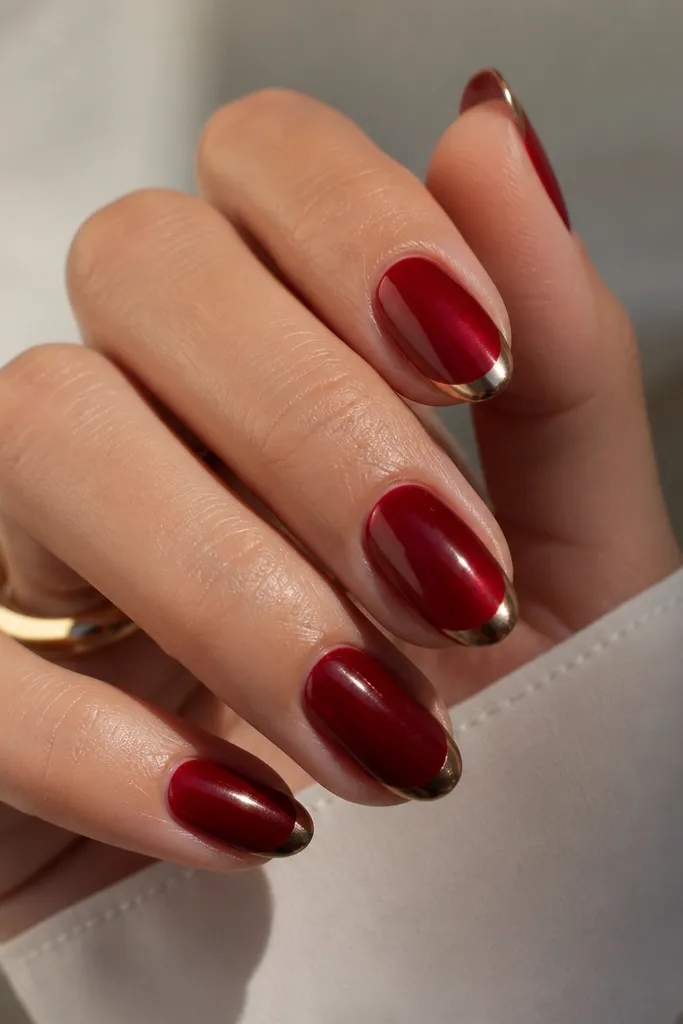 Short almond nails painted deep red with chrome only on the very tips; the rest is glossy red with a smooth gradient edge.