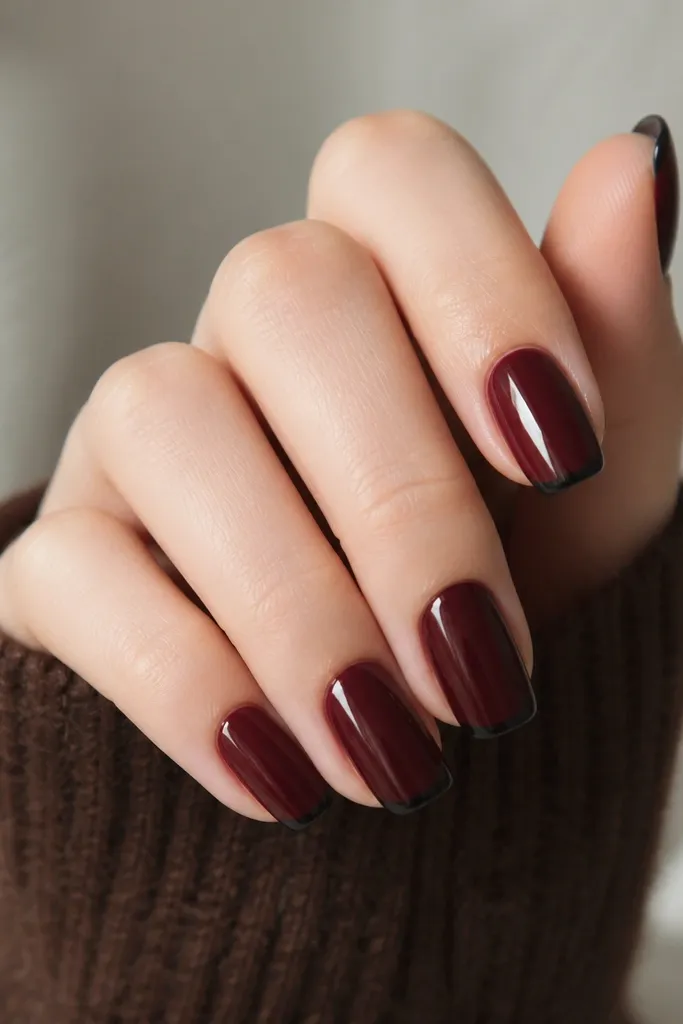 Medium squoval nails in oxblood deep red with a thin black French line at the tip; glossy finish.