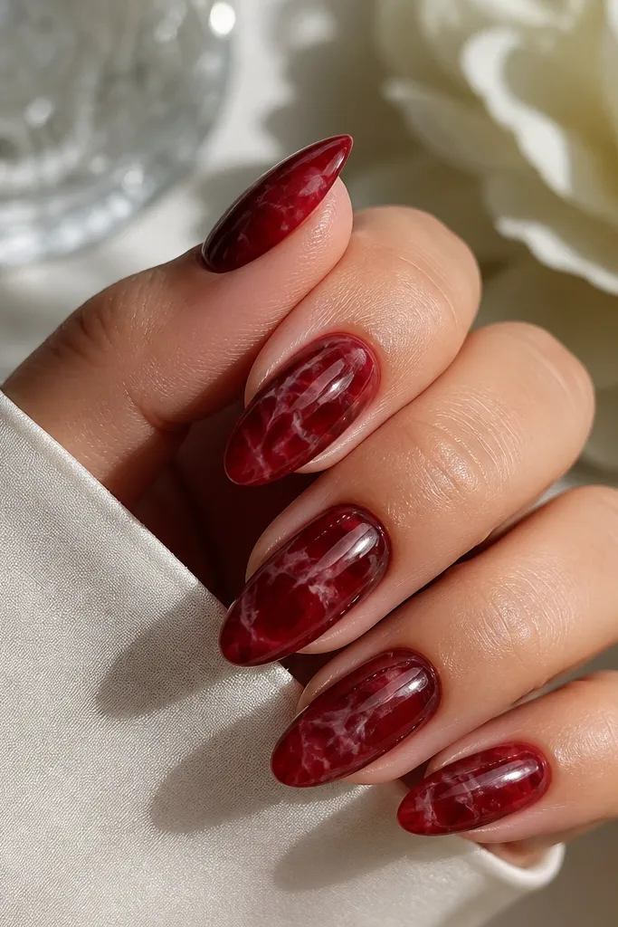 Almond nails with deep red base and translucent marble veining in a lighter red and clear gel; glossy finish with a smooth, stone-like look.