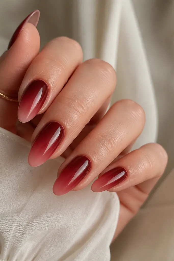 Medium almond nails with a smooth deep red ombre that fades lighter toward the tips; glossy finish and no harsh banding.