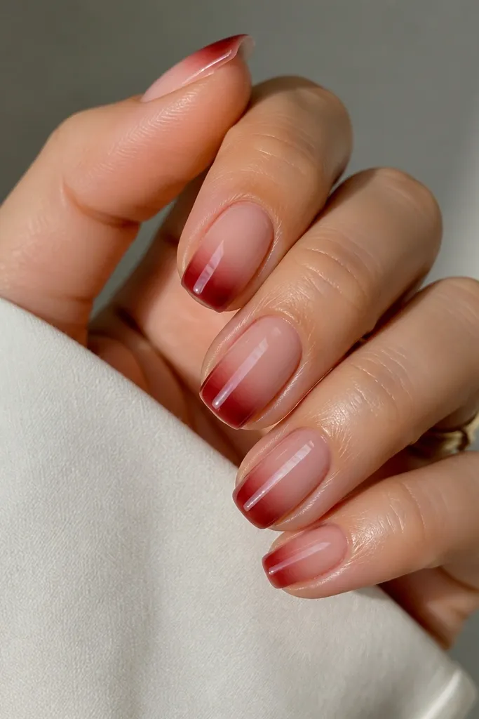 Short squoval nails with a sheer nude base and a faded deep red tip that melts into the nude; glossy and clean.