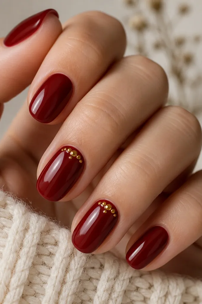 Glossy deep red nails with a small cluster of tiny gold dots near the cuticle on two accent nails; rest are plain glossy red.