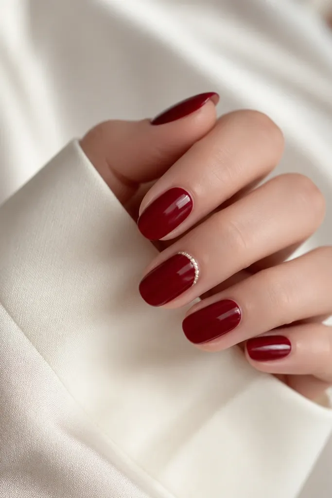 Medium nails in deep red glossy finish with a thin pearlized line forming a ring around the cuticle on one accent nail.