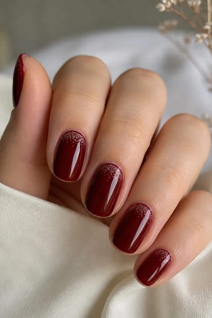 Deep red nails with a glossy finish; glitter appears only at the very tips like a dusting, with a clean boundary line.