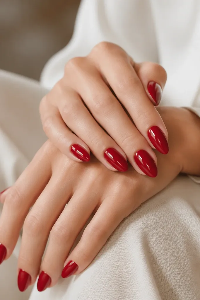 Almond nails painted deep red with a satin-smooth finish that looks soft, not matte, and has a gentle sheen across the surface.