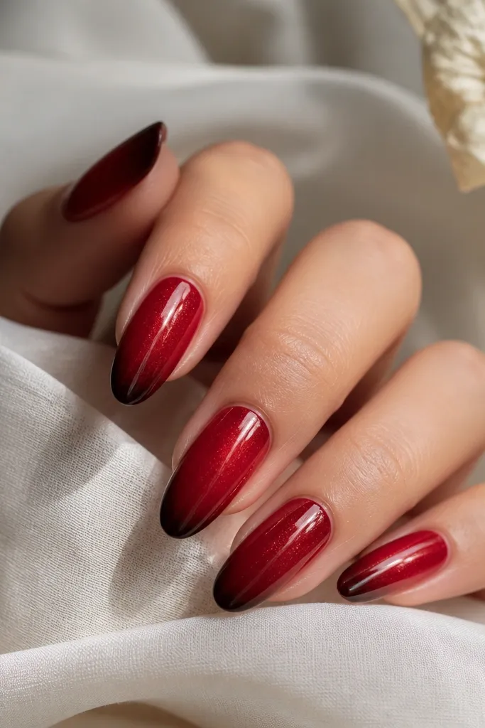 Deep red ombré nails with a subtle micro glimmer haze concentrated around the mid to lower nail; glossy top coat.
