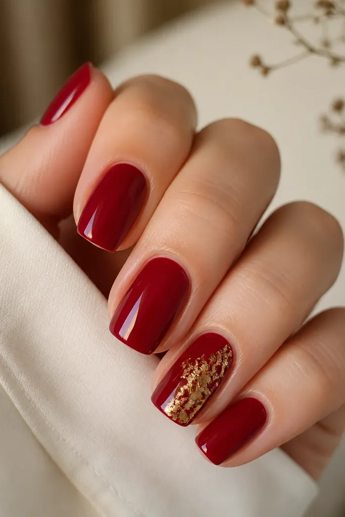 Glossy deep red nails with one accent nail showing asymmetrical gold foil flakes across the side, not centered; other nails are plain deep red.