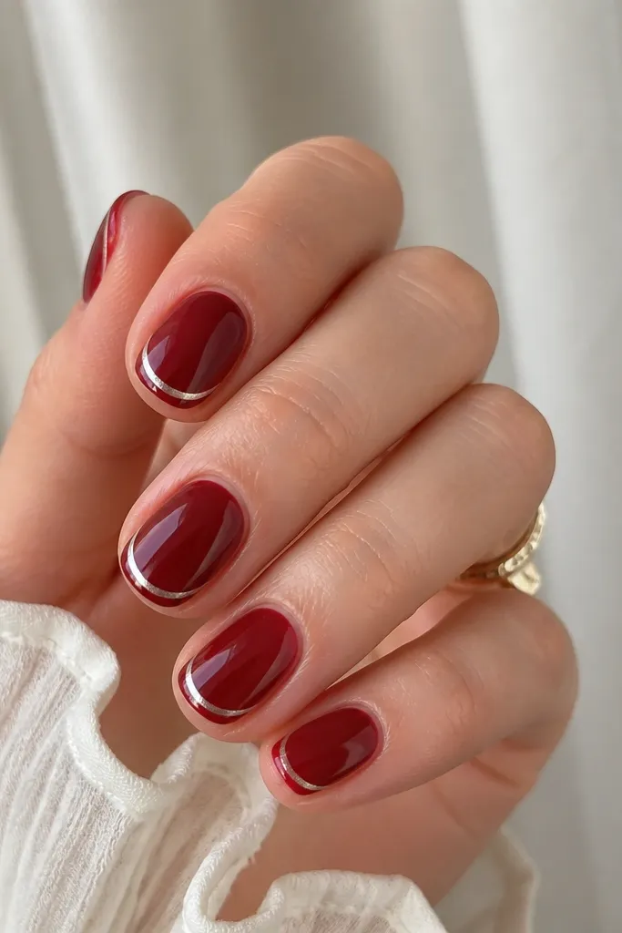 Short round nails in deep red with a thin pearlized line tracing the French edge at the tip; glossy finish.
